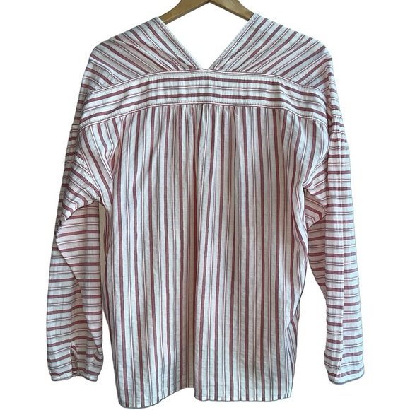 VINCE | Variegated Red Striped Long Sleeve Pullover Top | Cotton V-neck | Medium - Picture 9 of 14